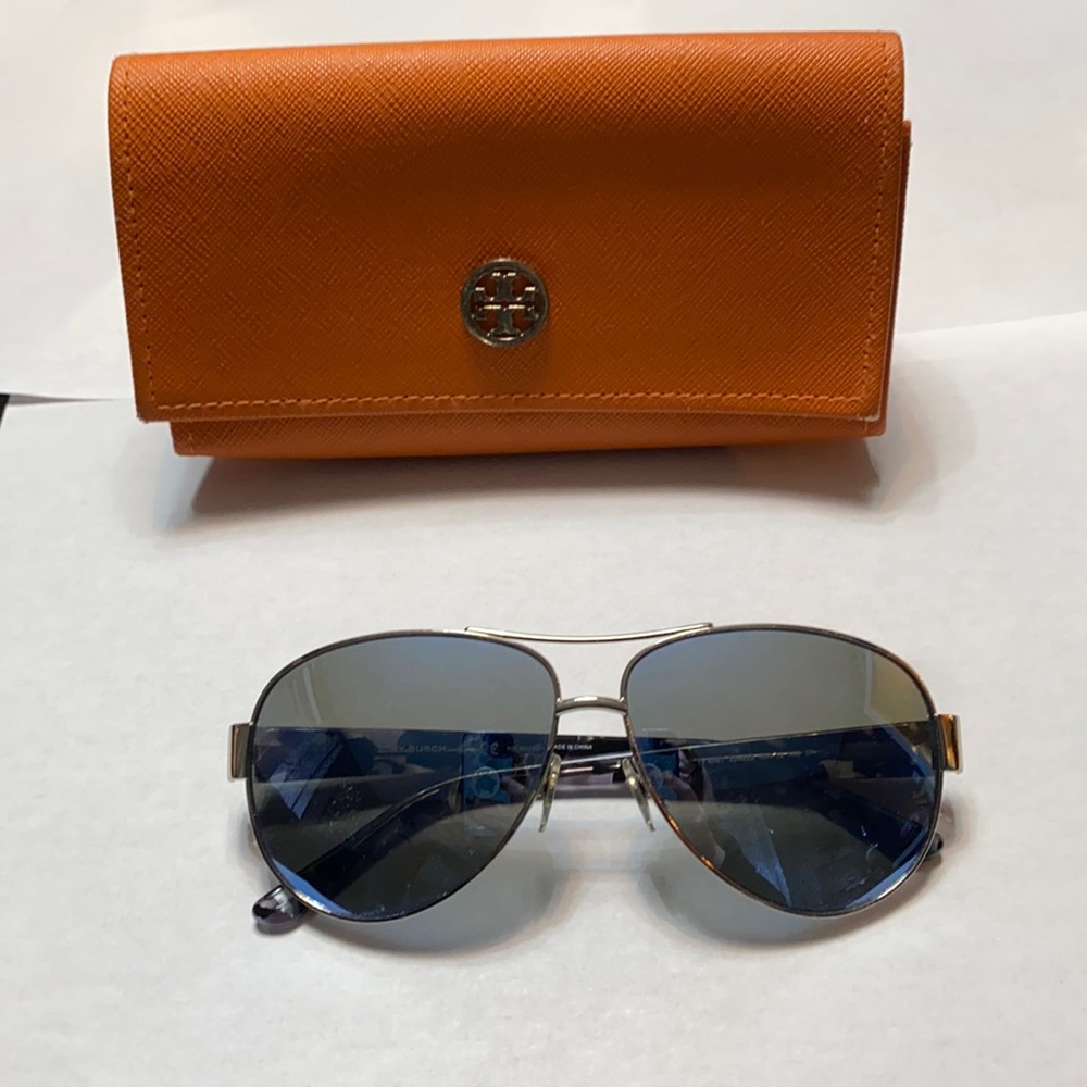 Tory Burch Blue Lens Aviator Sunglasses with Orange Case